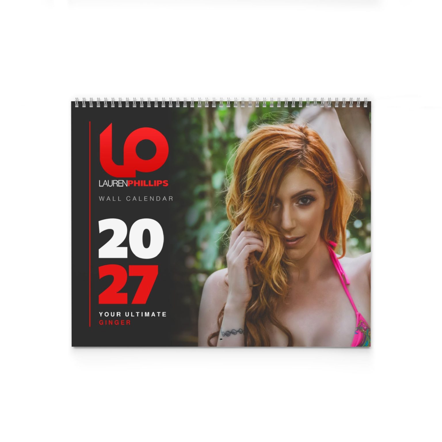 Lauren Phillips 2027 wall calendar cover with her LP logo, the year 2027 and Lauren in a pink bikini