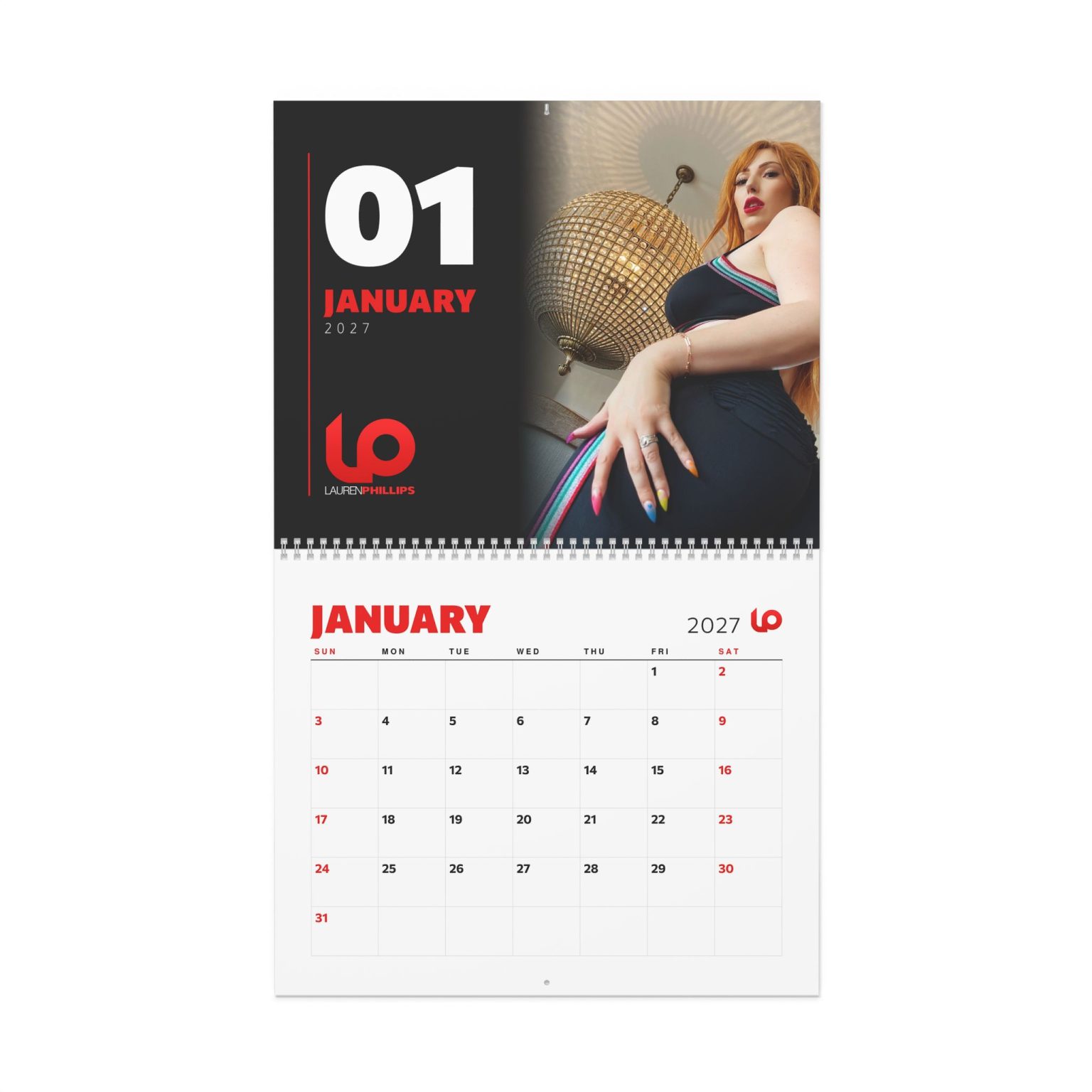 Lauren Phillips 2027 calendar open to January, a photo of Lauren above the January date page